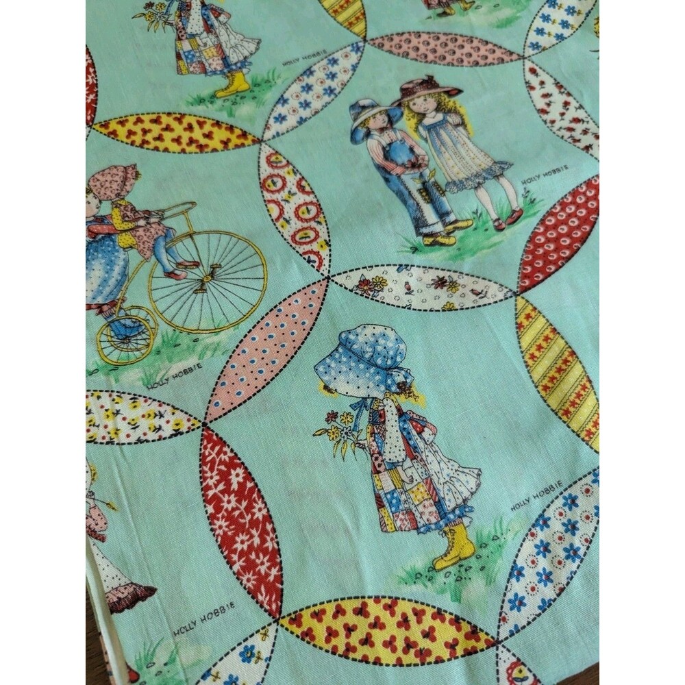 Vtg 70s Holly Hobbie Fabric Cheater Quilt Floral Prairie Pale Green 1.5 Yds 45"